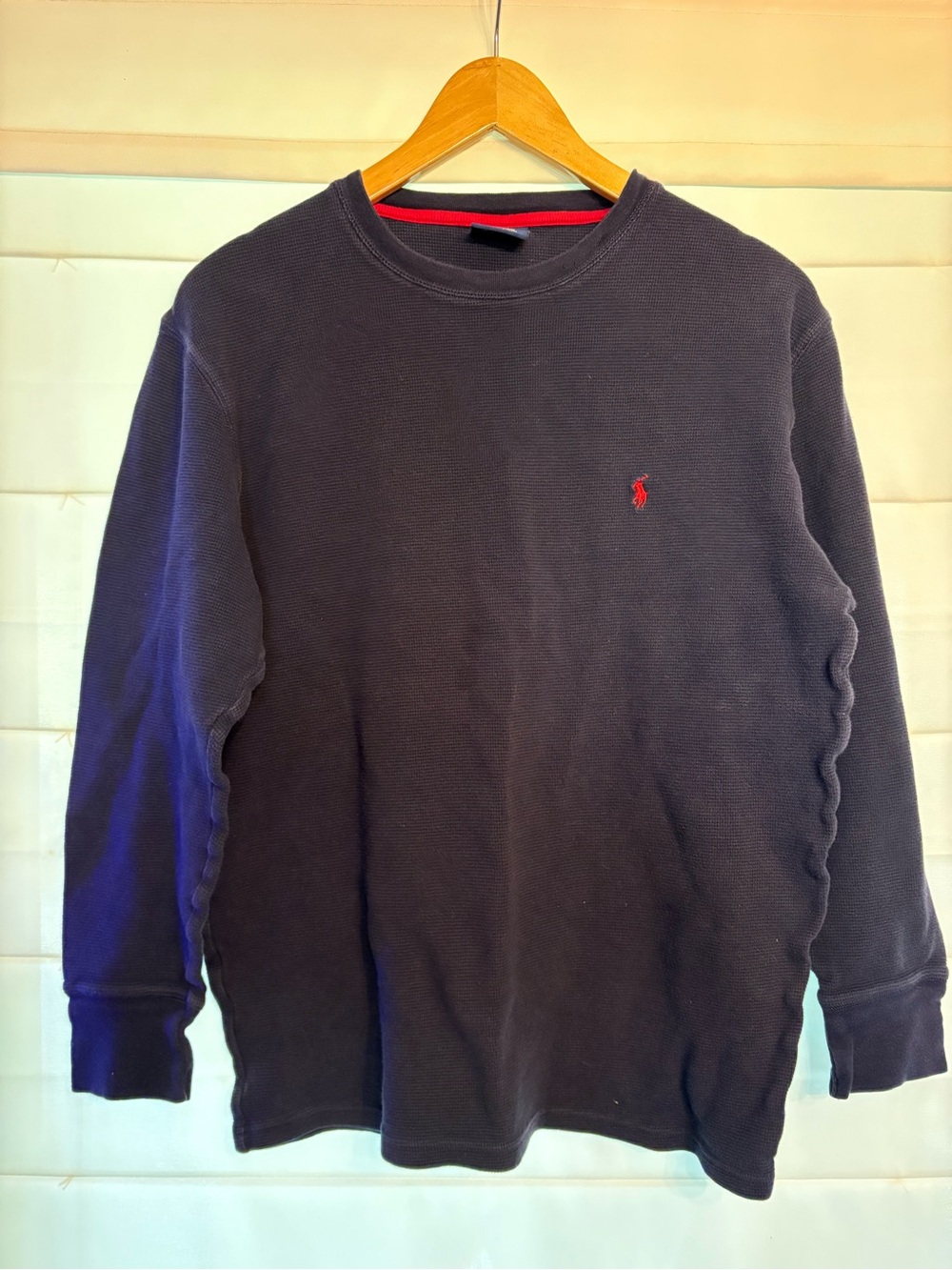 Polo Ralph Lauren Men's Long Sleeve Thermal Crewneck in Navy with Red Logo